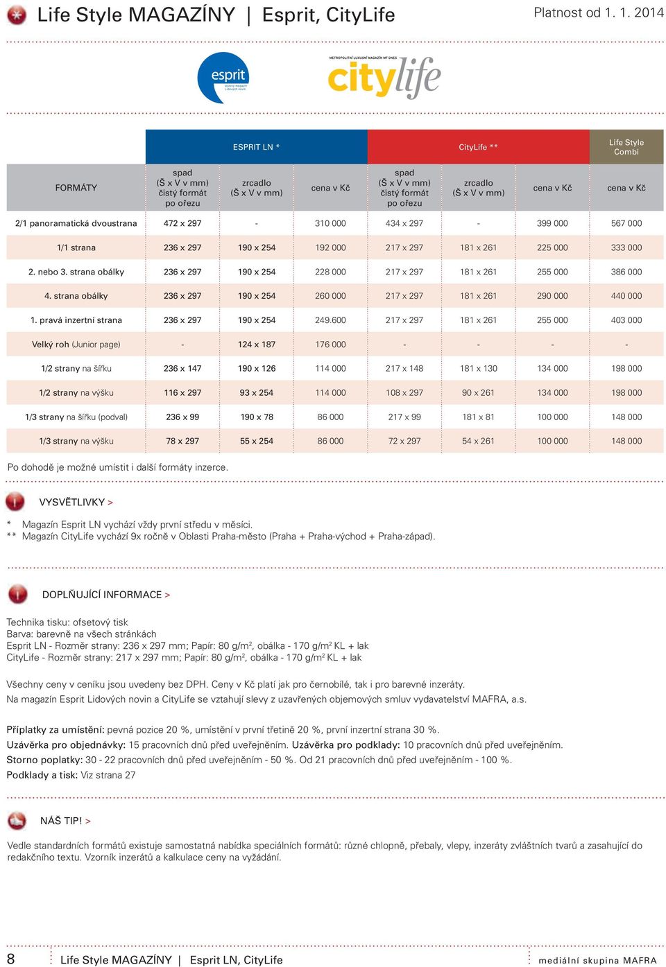 cena v Kč 2/1 panoramatická dvoustrana 472 x 297-310 000 434 x 297-399 000 567 000 1/1 strana 236 x 297 190 x 254 192 000 217 x 297 181 x 261 225 000 333 000 2. nebo 3.