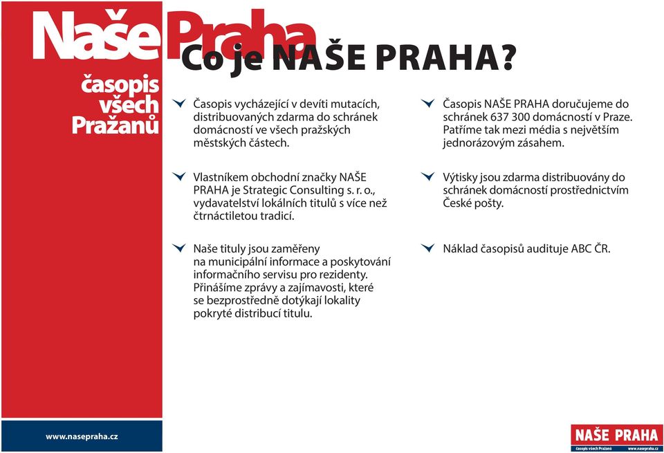 Vlastníkem obchodní značky NAŠE PRAHA je Strategic Consulting s. r. o., vydavatelství lokálních titulů s více než čtrnáctiletou tradicí.