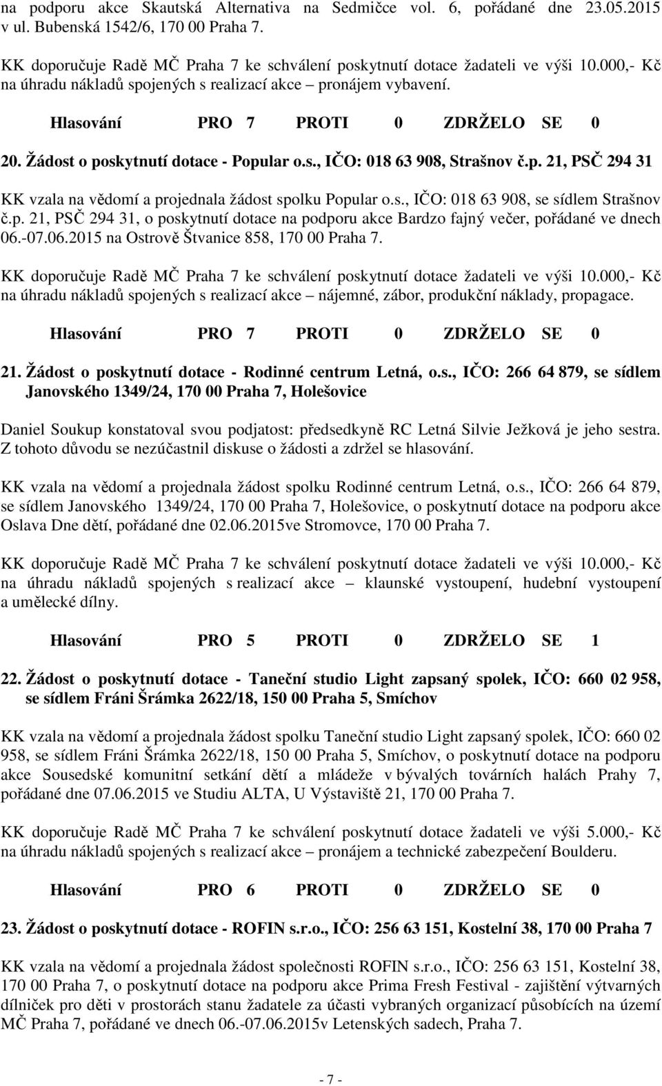 -07.06.2015 na Ostrově Štvanice 858, 170 00 Praha 7. na úhradu nákladů spojených s realizací akce nájemné, zábor, produkční náklady, propagace. 21.