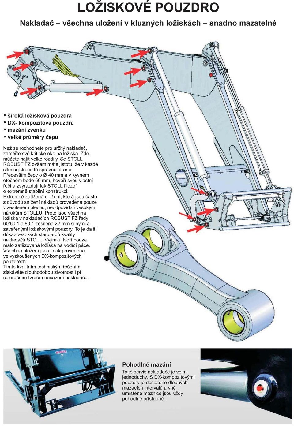 Především čepy o Ø 40 mm a v kyvném otočném bodě 50 mm, hovoří svou vlastní řečí a zvýrazňují tak STOLL filozofii o extrémně stabilní konstrukci.