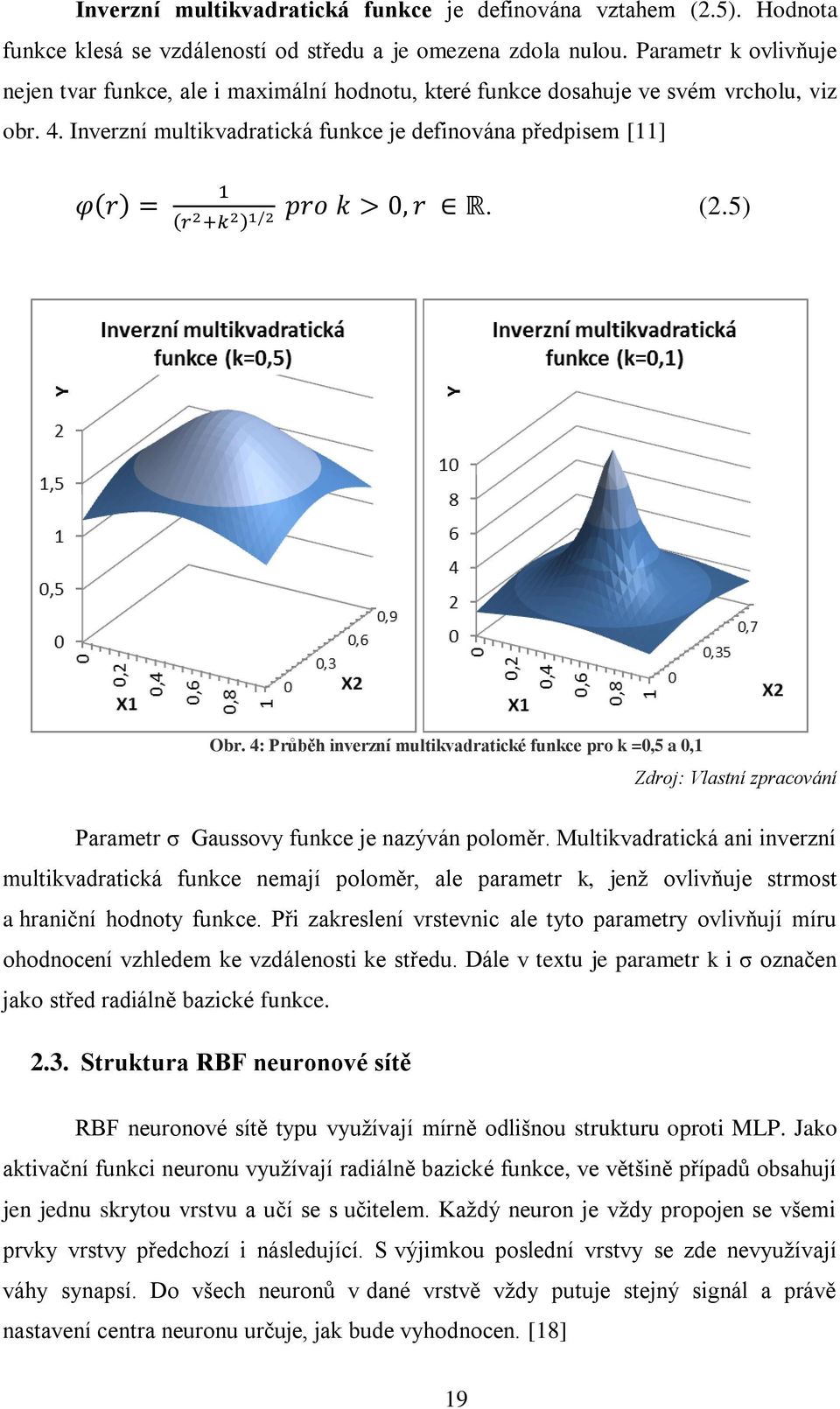 4: Průběh inverzní multikvadratické funkce pro k =0,5 a 0,1 Zdroj: Vlastní zpracování Parametr σ Gaussovy funkce je nazýván poloměr.