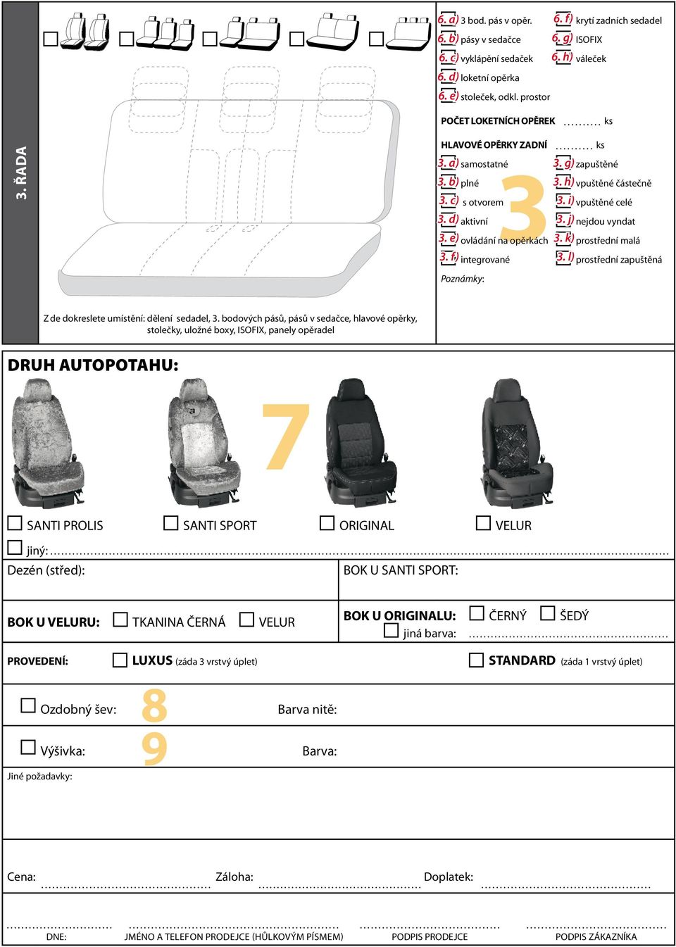 k) prostřední malá 3. f) integrované 3. l) prostřední zapuštěná Z de dokreslete umístění: dělení sedadel, 3.