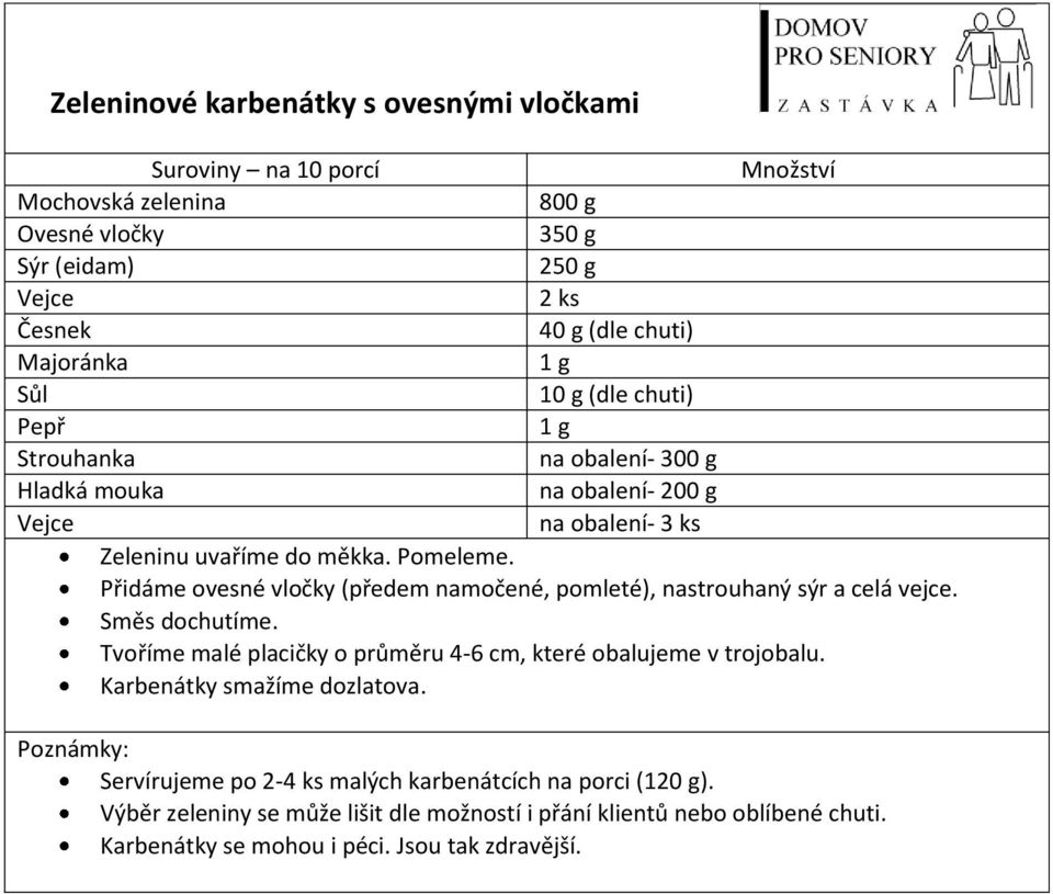 Přidáme ovesné vločky (předem namočené, pomleté), nastrouhaný sýr a celá vejce. Směs dochutíme. Tvoříme malé placičky o průměru 4-6 cm, které obalujeme v trojobalu.