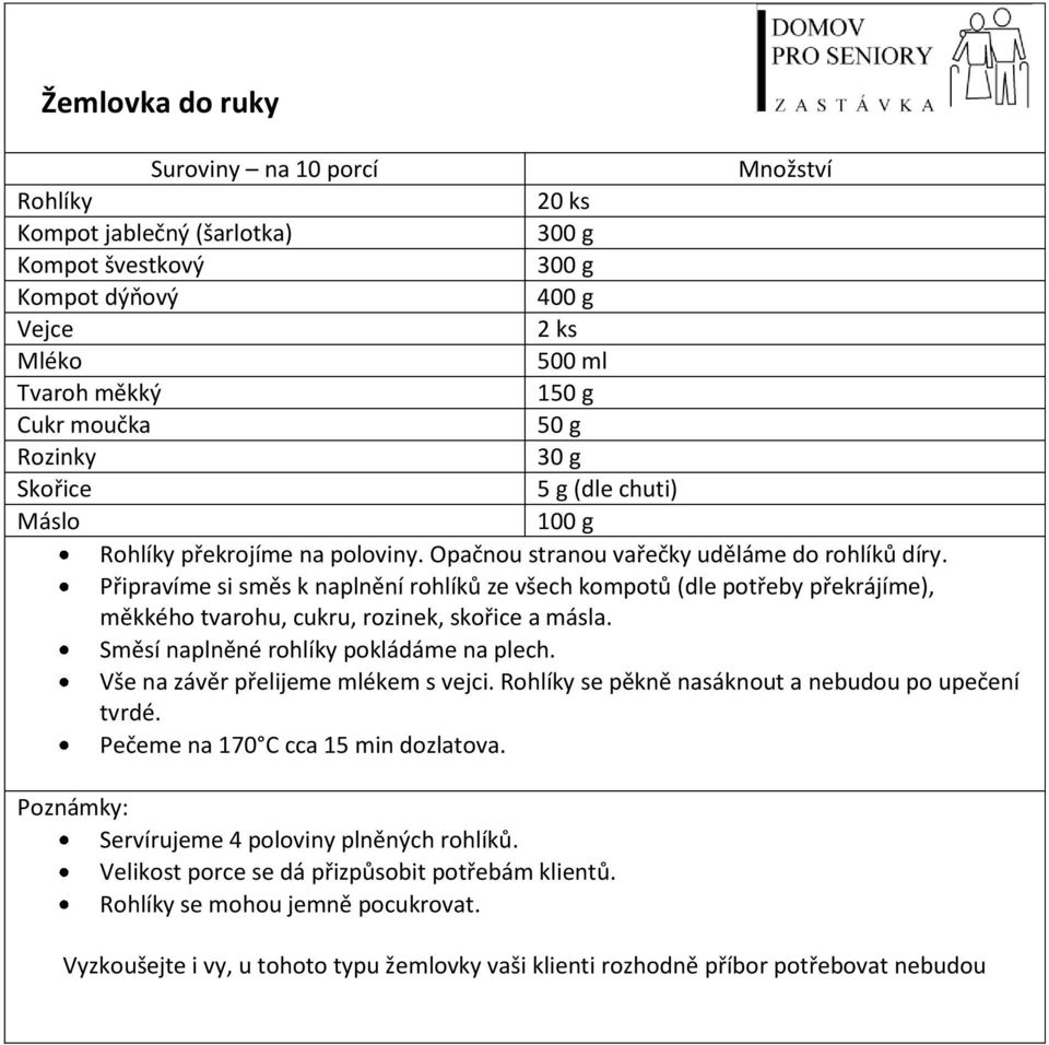 Připravíme si směs k naplnění rohlíků ze všech kompotů (dle potřeby překrájíme), měkkého tvarohu, cukru, rozinek, skořice a másla. Směsí naplněné rohlíky pokládáme na plech.