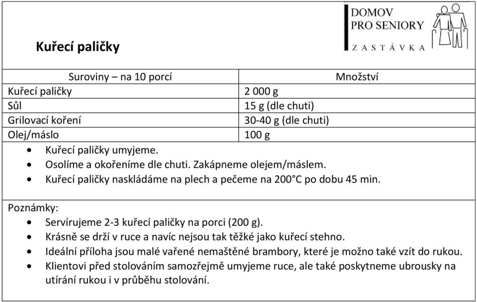 Poznámky: Servírujeme 2-3 kuřecí paličky na porci (200 g). Krásně se drží v ruce a navíc nejsou tak těžké jako kuřecí stehno.