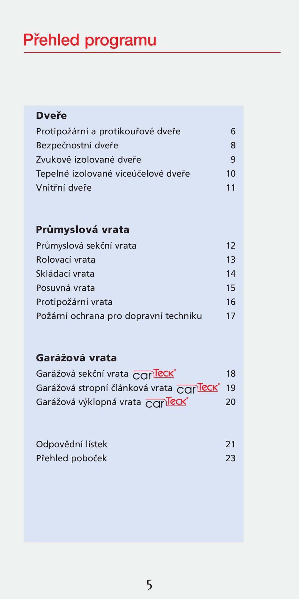 Skládací vrata 14 Posuvná vrata 15 Protipožární vrata 16 Požární ochrana pro dopravní techniku 17 Garážová vrata