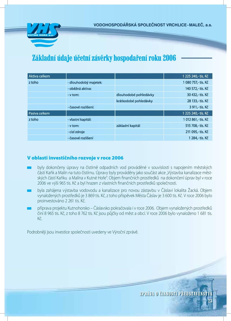 Objem finančních prostředků na dokončení úprav byl v roce 2006 ve výši 965 tis. Kč a byl hrazen z vlastních finančních prostředků společnosti.