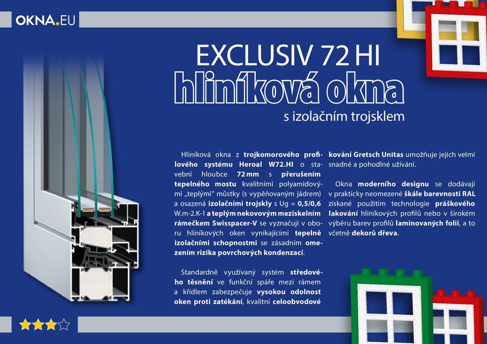 K-1 a teplým nekovovým meziskelním rámečkem Swisspacer V se vyznačují v oboru hliníkových oken vynikajícími tepelně izolačními schopnostmi se zásadním omezením rizika povrcho vých kondenzací.