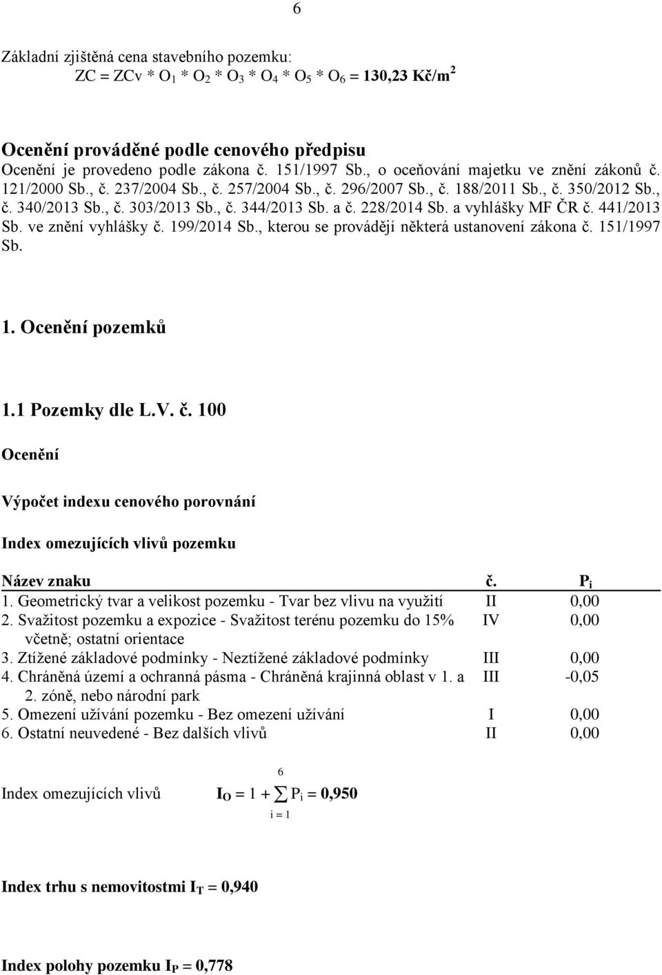 228/2014 Sb. a vyhlášky MF ČR č. 441/2013 Sb. ve znění vyhlášky č. 199/2014 Sb., kterou se provádějí některá ustanovení zákona č. 151/1997 Sb. 1. Ocenění pozemků 1.1 Pozemky dle L.V. č. 100 Ocenění Výpočet indexu cenového porovnání Index omezujících vlivů pozemku Název znaku č.