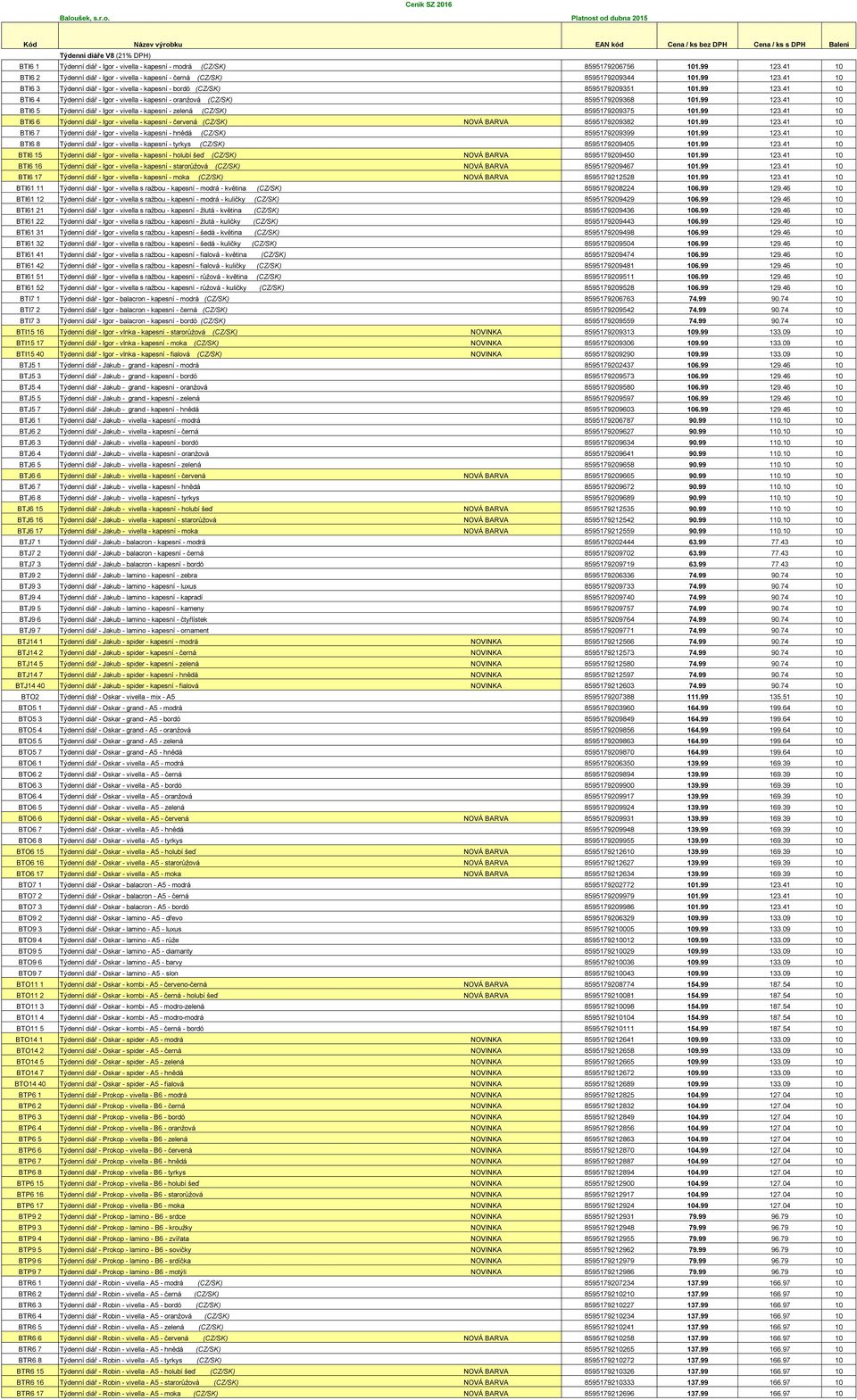 Platnost od dubna 2015 Kód Název výrobku EAN kód Cena / ks bez DPH Cena / ks s DPH Balení Týdenní diáře V8 (21% DPH) BTI6 1 Týdenní diář - Igor - vivella - kapesní - modrá (CZ/SK) 8595179206756 101.