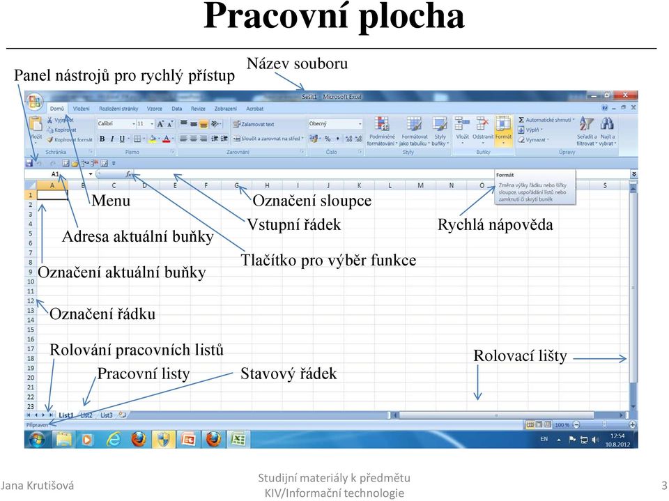 Vstupní řádek Tlačítko pro výběr funkce Rychlá nápověda Označení