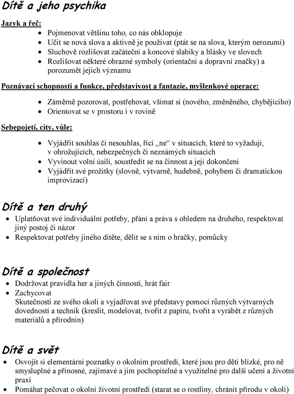 Sebepojetí, city, vůle: Záměrně pozorovat, postřehovat, všímat si (nového, změněného, chybějícího) Orientovat se v prostoru i v rovině Vyjádřit souhlas či nesouhlas, říci ne v situacích, které to