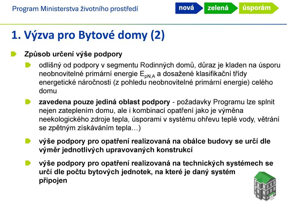 ale i kombinací opatření jako je výměna neekologického zdroje tepla, úsporami v systému ohřevu teplé vody, větrání se zpětným získáváním tepla ) výše podpory pro opatření realizovaná na