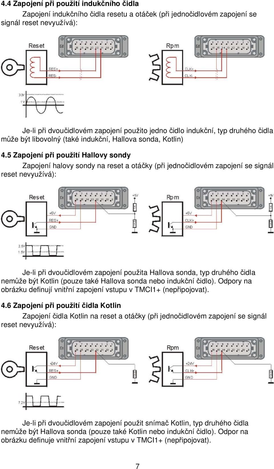 5 Zapojení p i použití Hallovy sondy Zapojení halovy sondy na reset a otá ky (p i jedno idlovém zapojení se signál reset nevyužívá): Je-li p i dvou idlovém zapojení použita Hallova sonda, typ druhého