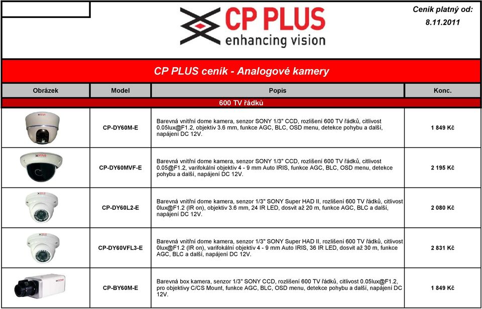 2, varifokální objektiv 4-9 mm Auto IRIS, funkce AGC, BLC, OSD menu, detekce pohybu a další, napájení DC 12V.