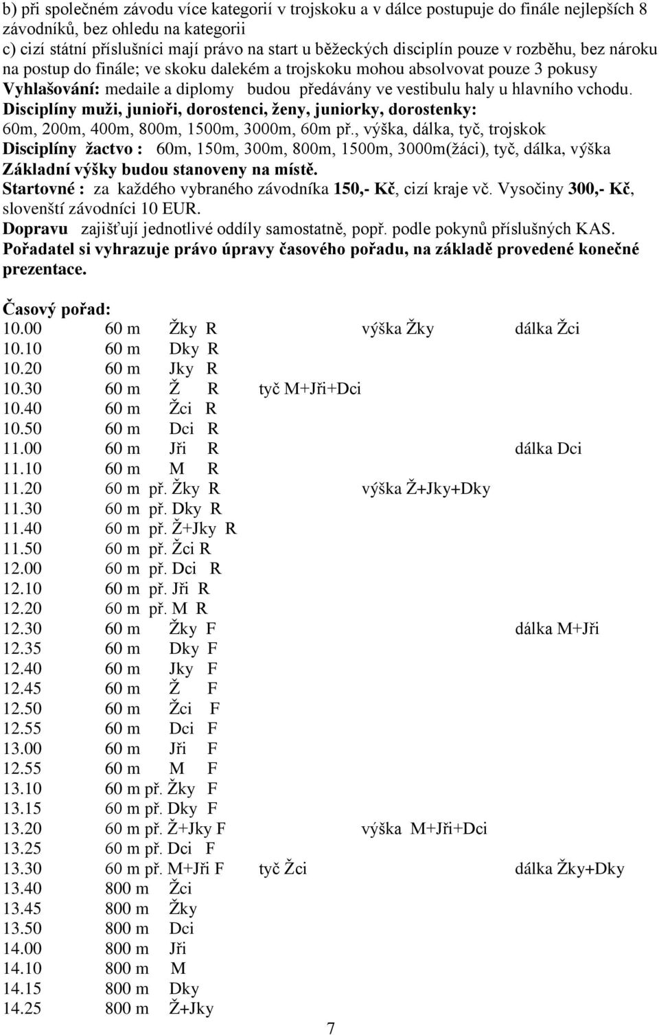 Disciplíny muži, junioři, dorostenci, ženy, juniorky, dorostenky: 60m, 200m, 400m, 800m, 1500m, 3000m, 60m př.