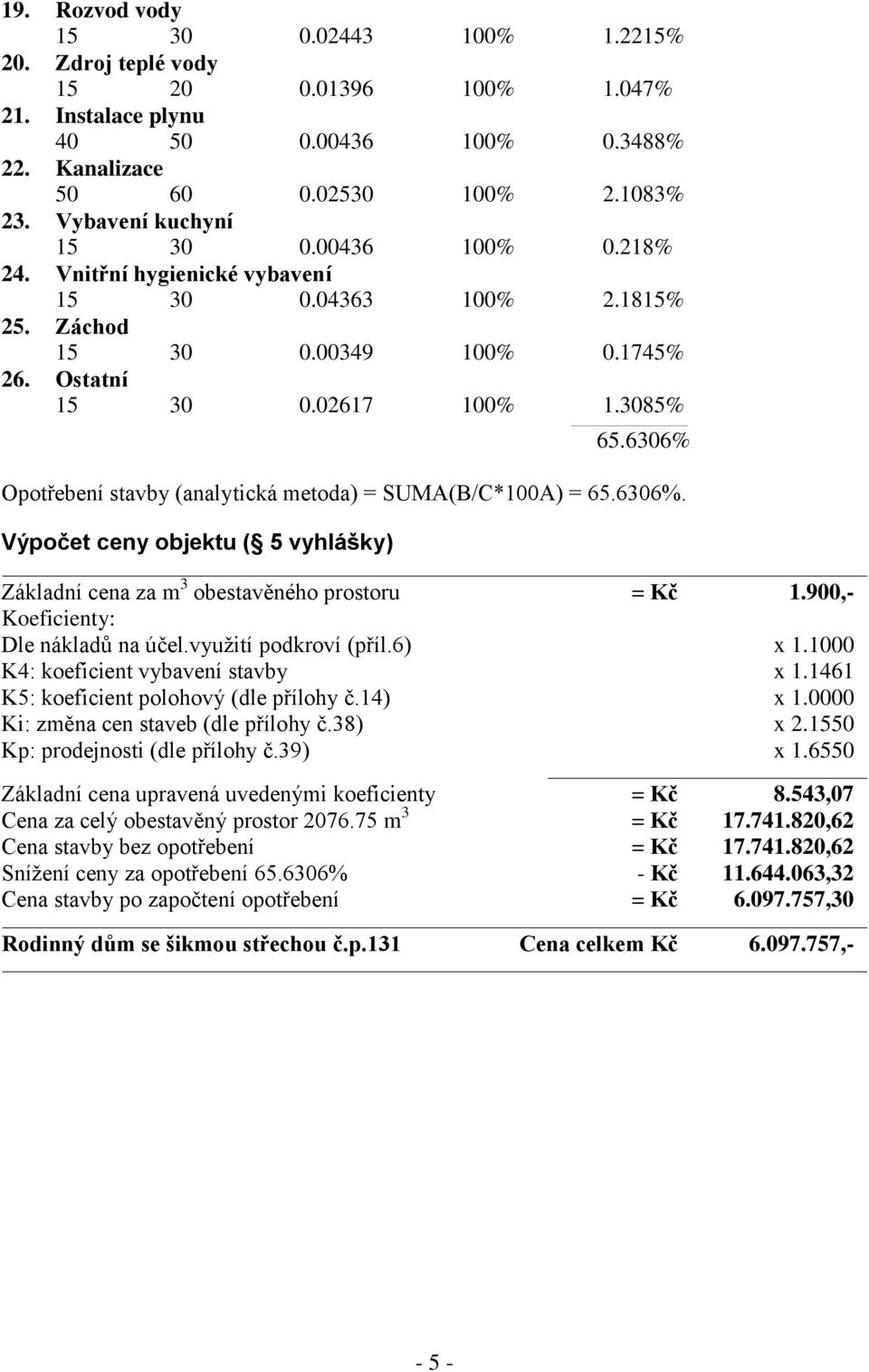 6306% Opotřebení stavby (analytická metoda) = SUMA(B/C*100A) = 65.6306%. Výpočet ceny objektu ( 5 vyhlášky) Základní cena za m 3 obestavěného prostoru = Kč 1.900,- Koeficienty: Dle nákladů na účel.