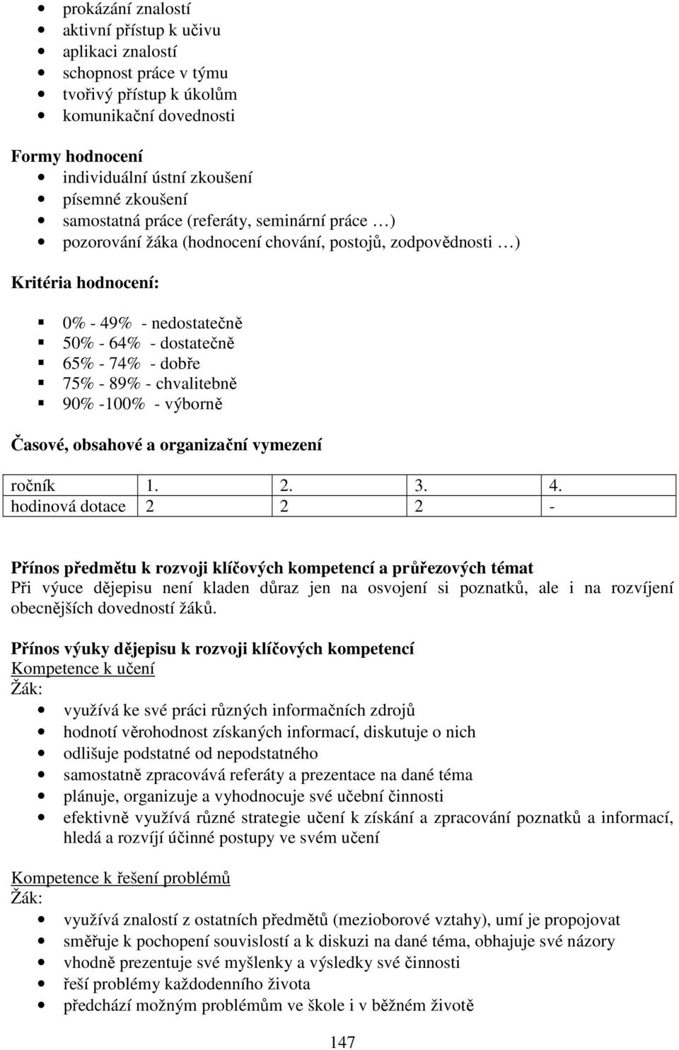 89% - chvalitebně 90% -100% - výborně Časové, obsahové a organizační vymezení ročník 1. 2. 3. 4.