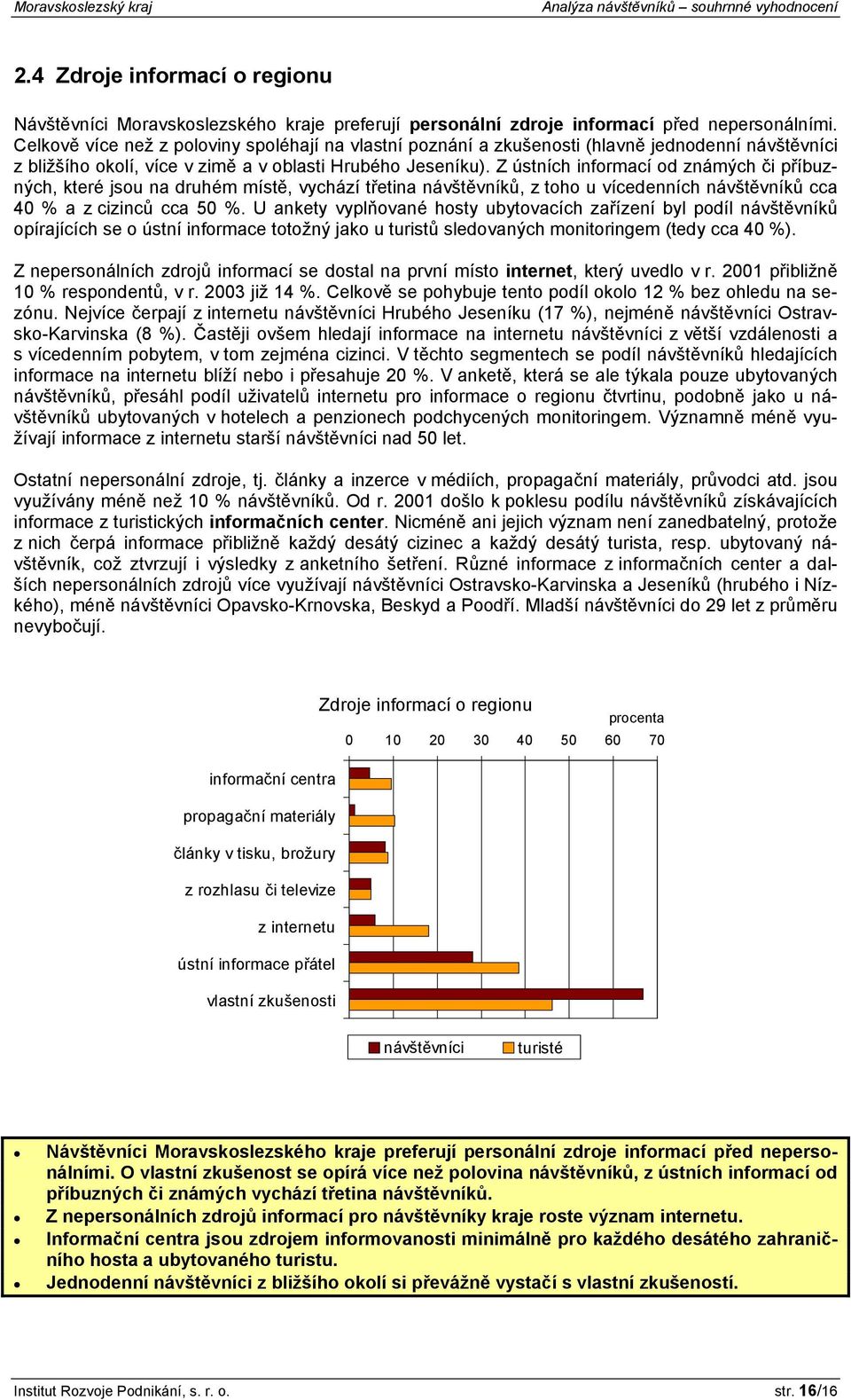 Z ústních informací od známých či příbuzných, které jsou na druhém místě, vychází třetina návštěvníků, z toho u vícedenních návštěvníků cca 40 % a z cizinců cca 50 %.