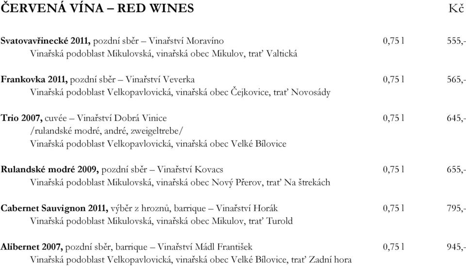 podoblast Velkopavlovická, vinařská obec Velké Bílovice Rulandské modré 2009, pozdní sběr Vinařství Kovacs 0,75 l 655,- Vinařská podoblast Mikulovská, vinařská obec Nový Přerov, trať Na štrekách