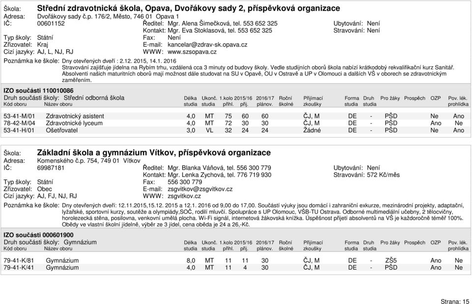 .,.1. 1 Stravování zajišťuje jídelna na Rybím trhu, vzdálená cca 3 minuty od budovy školy. Vedle studijních oborů škola nabízí krátkodobý rekvalifikační kurz Sanitář.