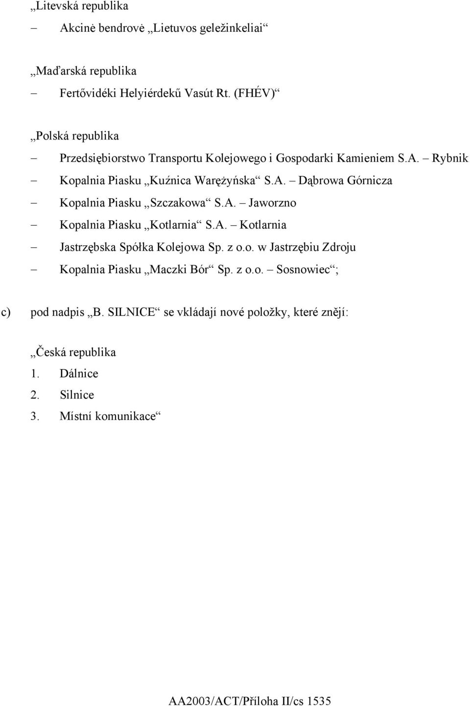 A. Jaworzno Kopalnia Piasku Kotlarnia S.A. Kotlarnia Jastrzębska Spółka Kolejowa Sp. z o.o. w Jastrzębiu Zdroju Kopalnia Piasku Maczki Bór Sp. z o.o. Sosnowiec ; c) pod nadpis B.