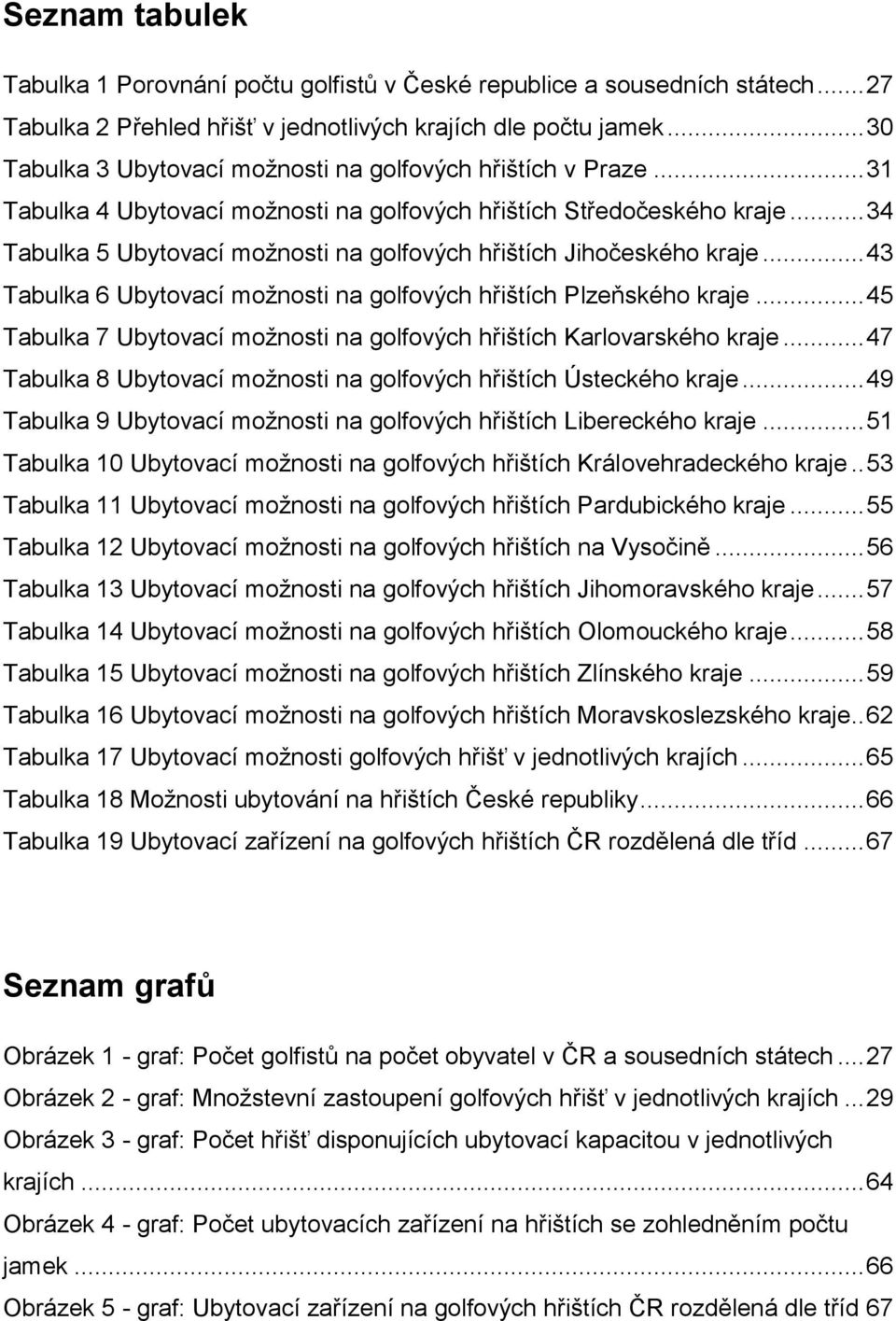 .. 34 Tabulka 5 Ubytovací možnosti na golfových hřištích Jihočeského kraje... 43 Tabulka 6 Ubytovací možnosti na golfových hřištích Plzeňského kraje.