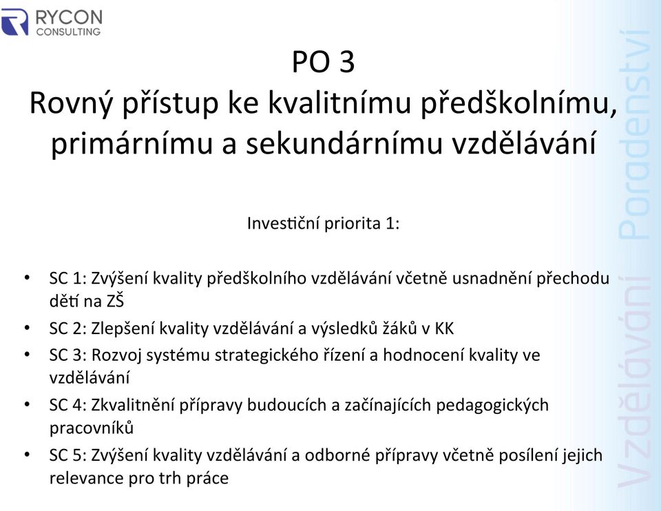 SC 3: Rozvoj systému strategického řízení a hodnocení kvality ve vzdělávání SC 4: Zkvalitnění přípravy budoucích a