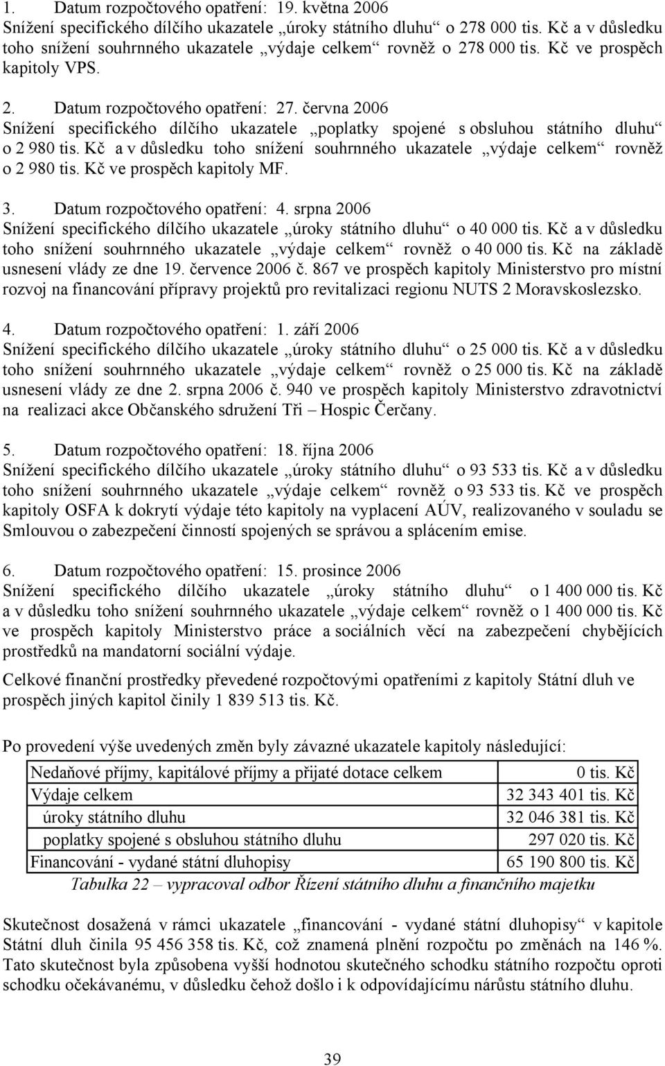 června 2006 Snížení specifického dílčího ukazatele poplatky spojené s obsluhou státního dluhu o 2 980 tis. Kč a v důsledku toho snížení souhrnného ukazatele výdaje celkem rovněž o 2 980 tis.