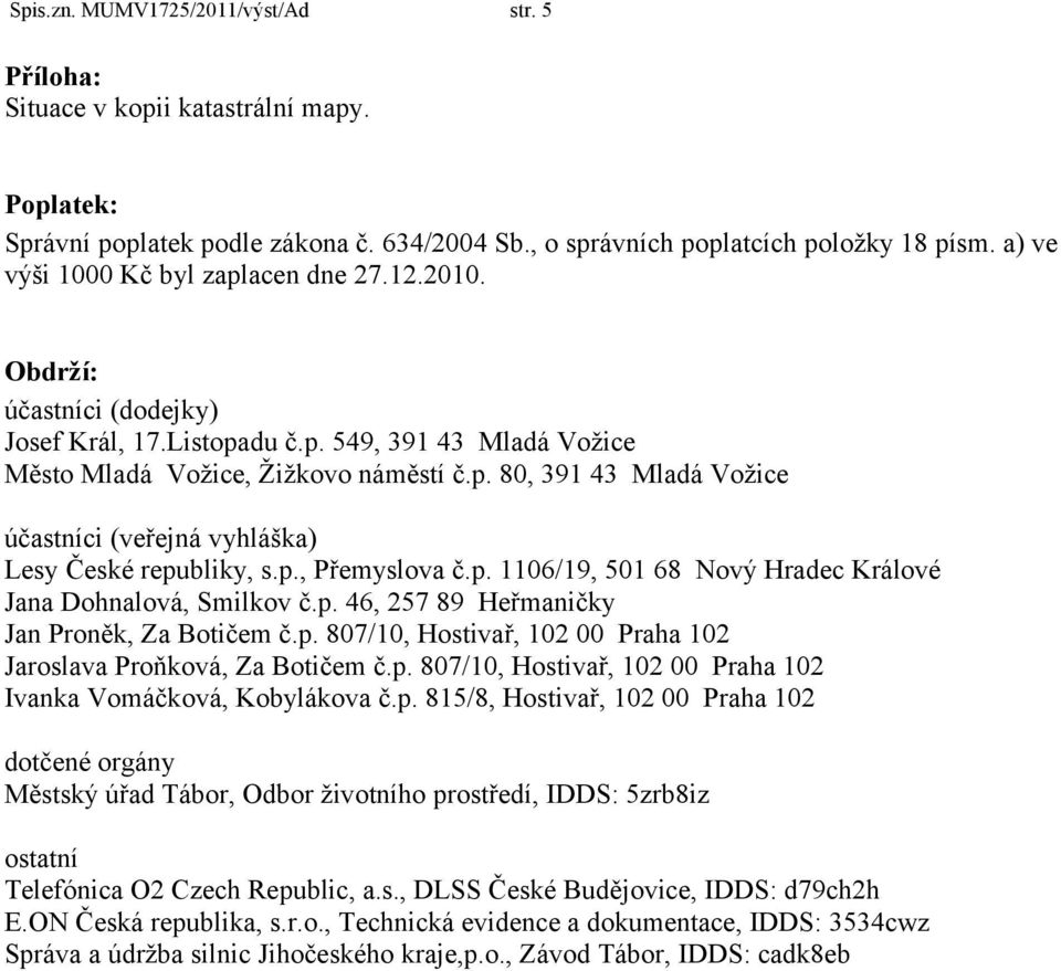 p., Přemyslova č.p. 1106/19, 501 68 Nový Hradec Králové Jana Dohnalová, Smilkov č.p. 46, 257 89 Heřmaničky Jan Proněk, Za Botičem č.p. 807/10, Hostivař, 102 00 Praha 102 Jaroslava Proňková, Za Botičem č.