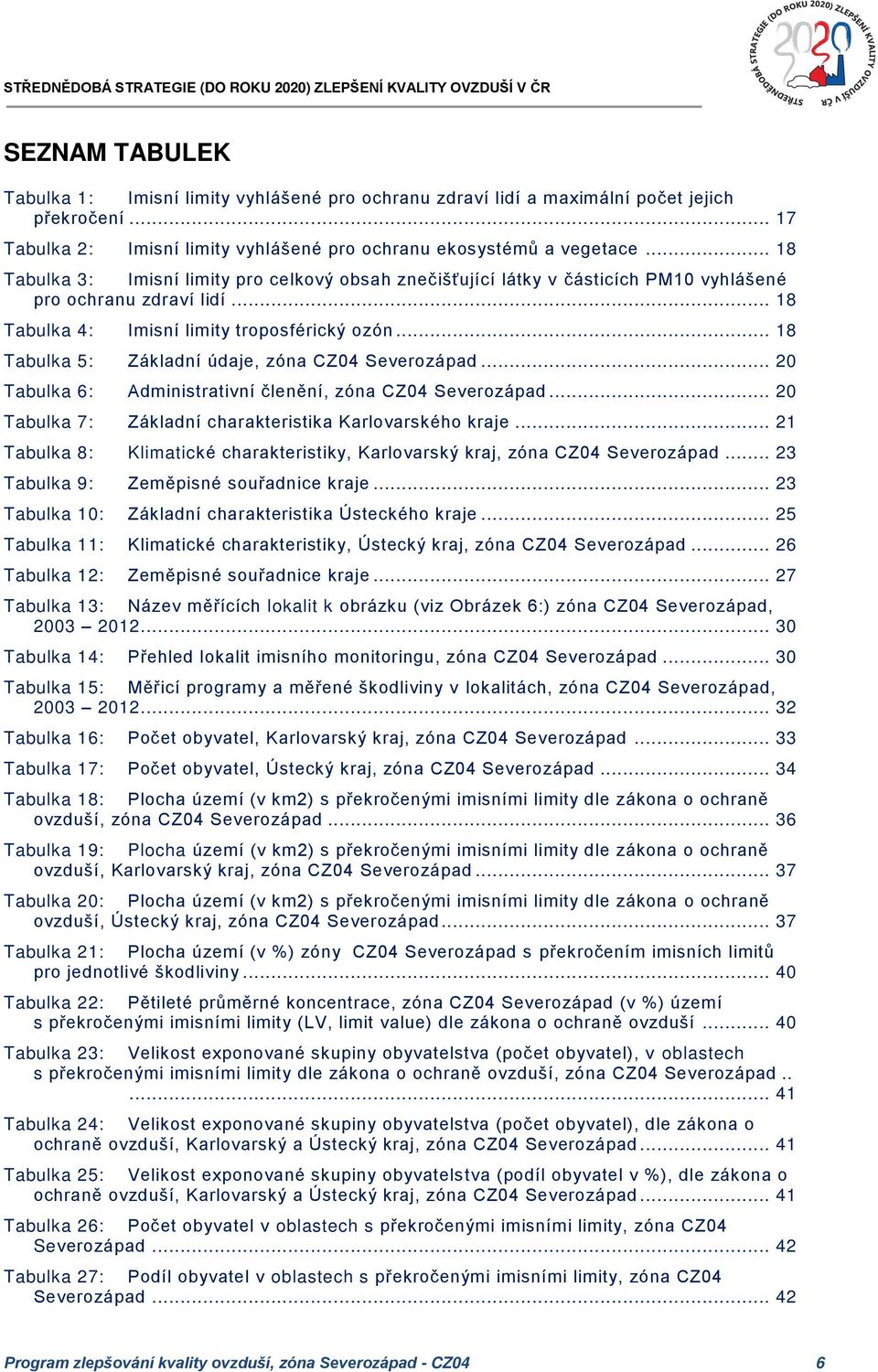 .. 18 Tabulka 5: Základní údaje, zóna CZ04 Severozápad... 20 Tabulka 6: Administrativní členění, zóna CZ04 Severozápad... 20 Tabulka 7: Základní charakteristika Karlovarského kraje.