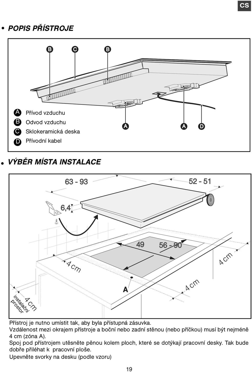 Vzdálenost mezi okrajem přístroje a boční nebo zadní stěnou (nebo příčkou) musí být nejméně 4 cm (zóna A).