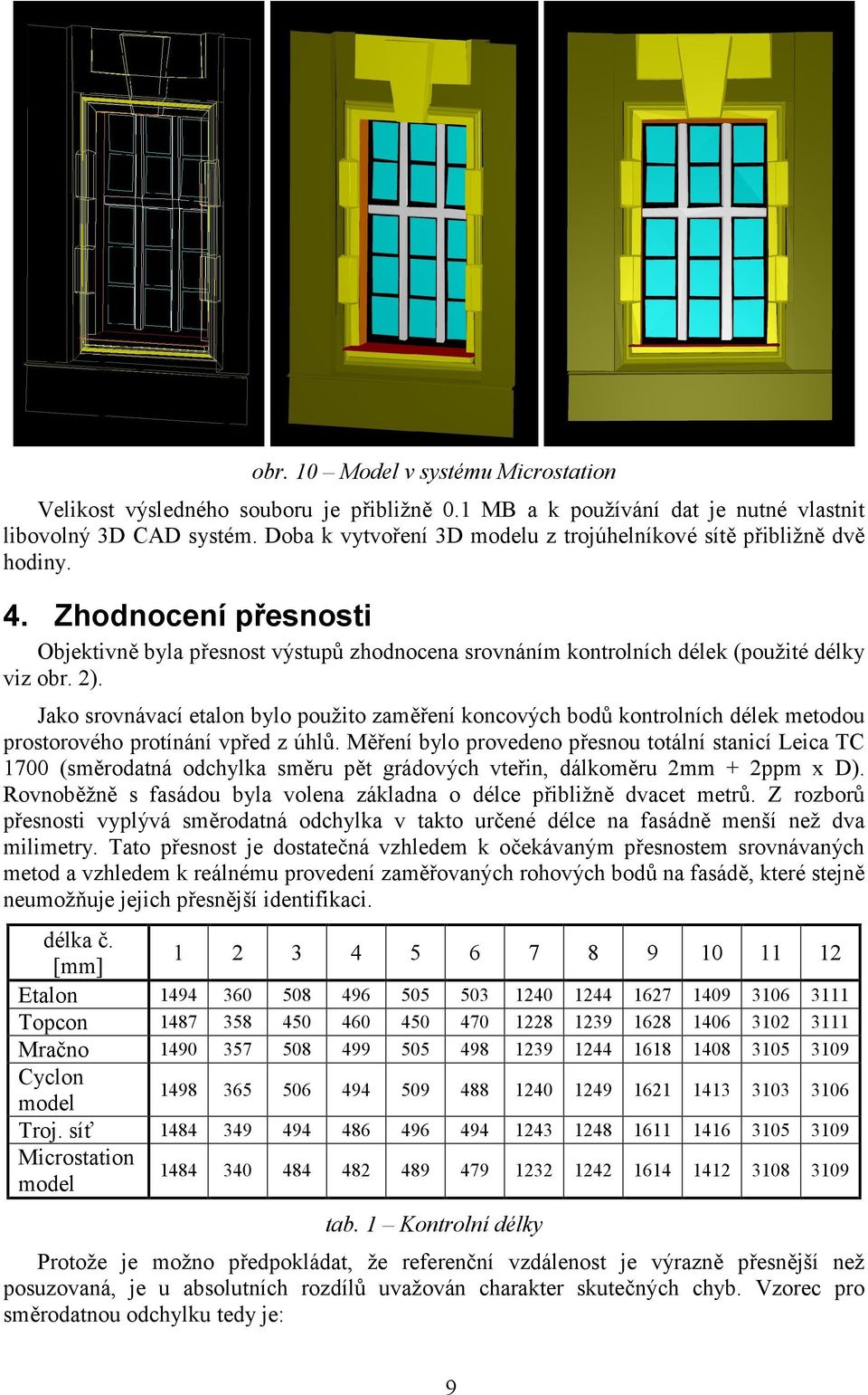 Jako srovnávací etalon bylo použito zaměření koncových bodů kontrolních délek metodou prostorového protínání vpřed z úhlů.