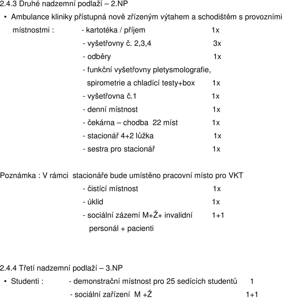 1 1x - denní místnost 1x - čekárna chodba 22 míst 1x - stacionář 4+2 lůžka 1x - sestra pro stacionář 1x Poznámka : V rámci stacionáře bude umístěno pracovní místo