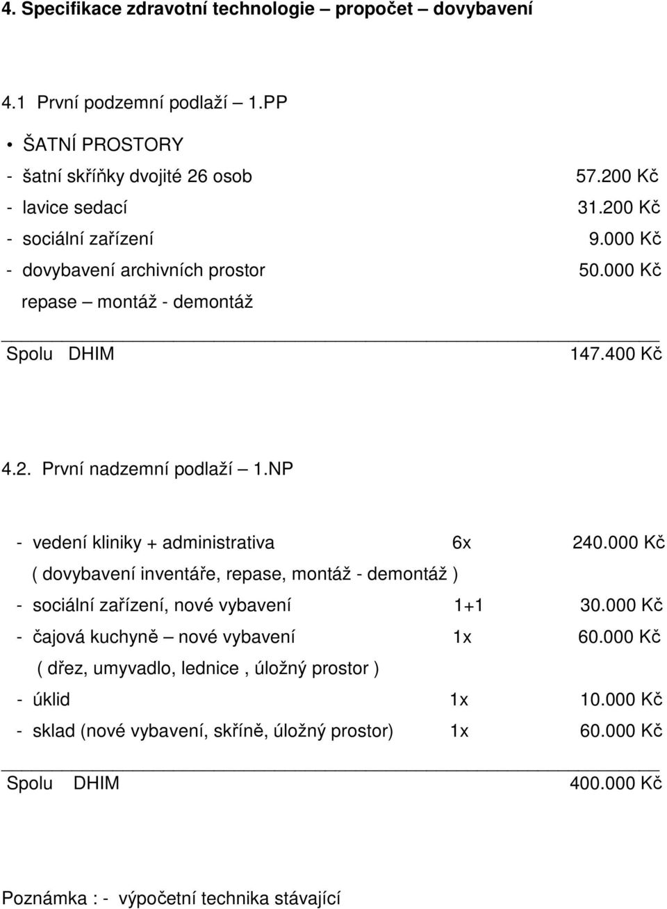 NP - vedení kliniky + administrativa 6x 240.000 Kč ( dovybavení inventáře, repase, montáž - demontáž ) - sociální zařízení, nové vybavení 1+1 30.