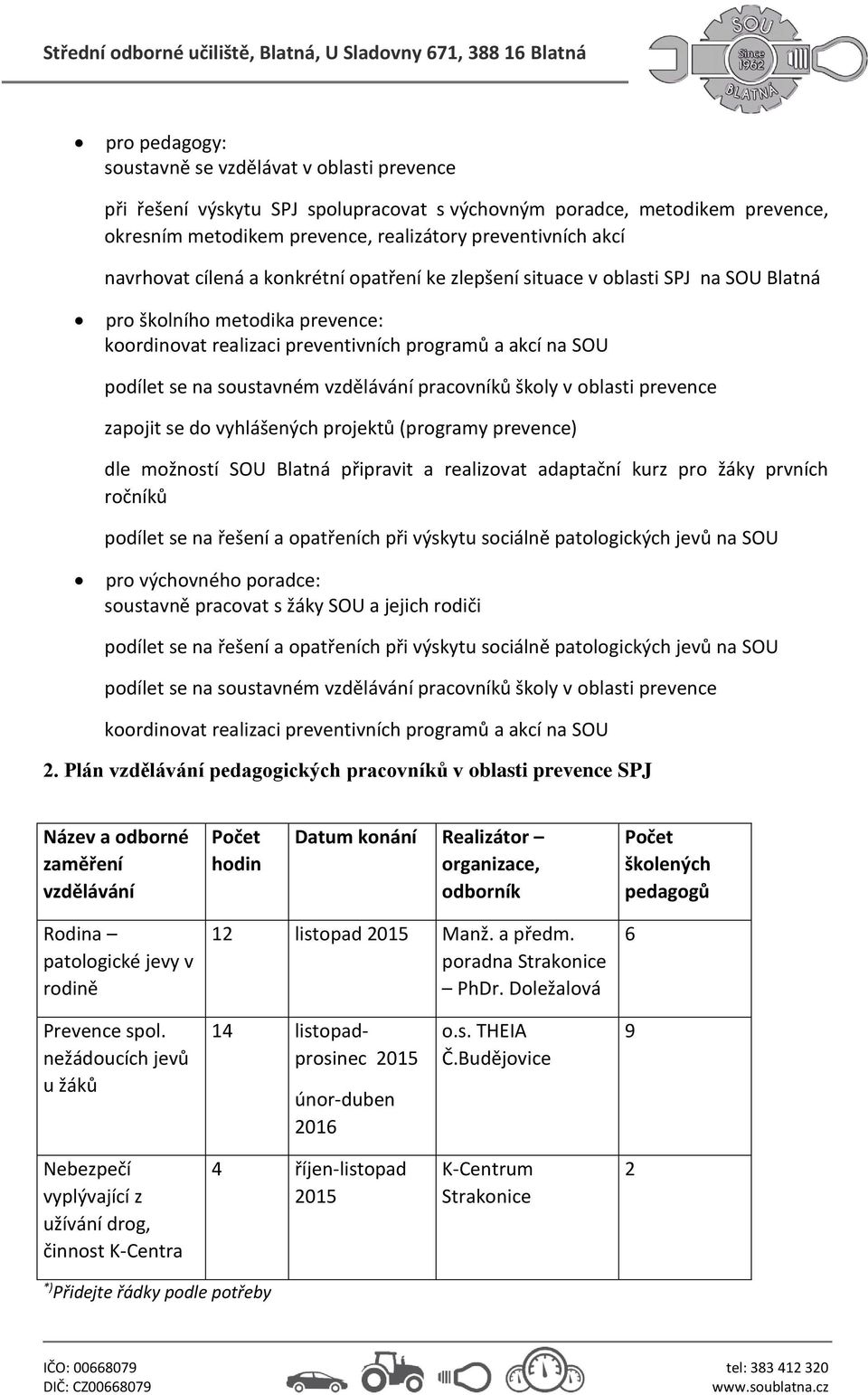 soustavném vzdělávání pracovníků školy v oblasti prevence zapojit se do vyhlášených projektů (programy prevence) dle možností SOU Blatná připravit a realizovat adaptační kurz pro žáky prvních ročníků