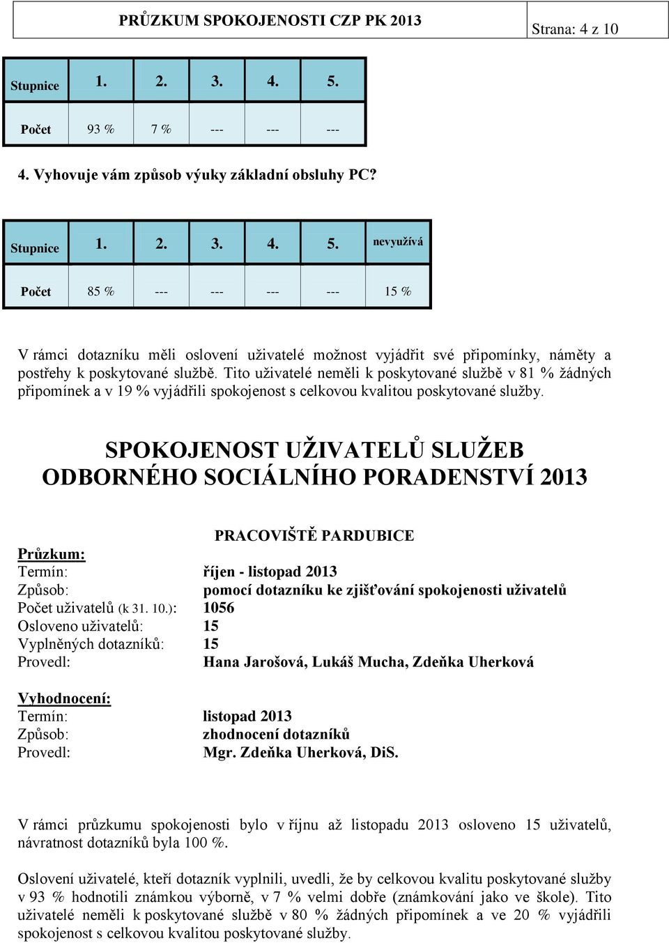 Tito uživatelé neměli k poskytované službě v 81 % žádných připomínek a v 19 % vyjádřili spokojenost s celkovou kvalitou poskytované služby.