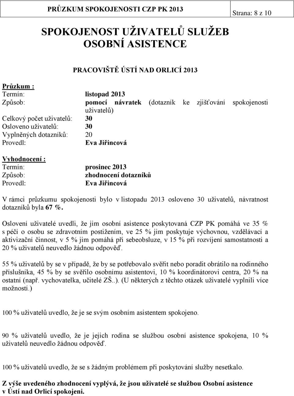 Oslovení uživatelé uvedli, že jim osobní asistence poskytovaná CZP PK pomáhá ve 35 % s péčí o osobu se zdravotním postižením, ve 25 % jim poskytuje výchovnou, vzdělávací a aktivizační činnost, v 5 %