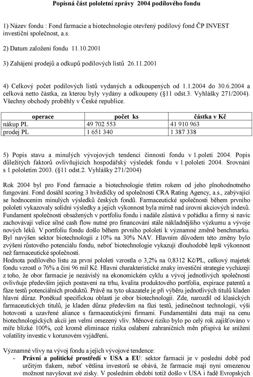 3. Vyhlášky 271/2004). Všechny obchody proběhly v České republice.