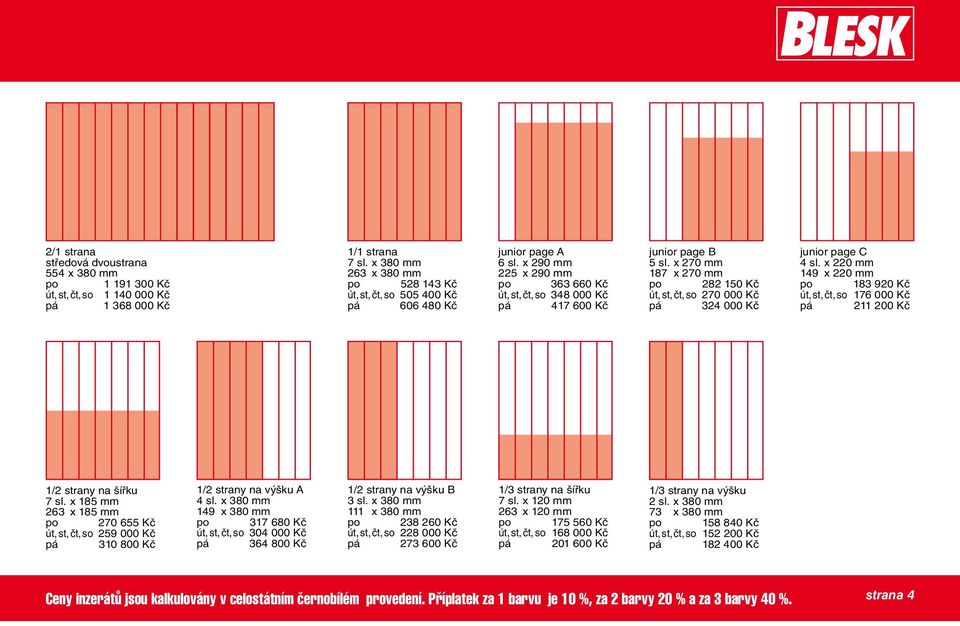 x 270 mm 187 x 270 mm po 282 150 Kč út, st, čt, so 270 000 Kč pá 324 000 Kč junior page C 4 sl. x 220 mm 149 x 220 mm po 183 920 Kč út, st, čt, so 176 000 Kč pá 211 200 Kč 1/2 strany na šířku 7 sl.