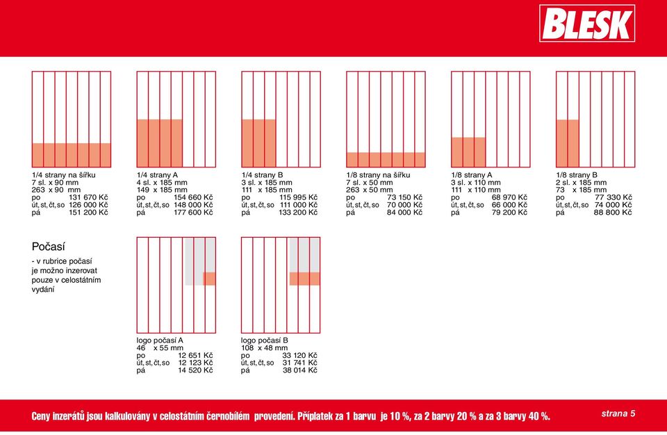 x 50 mm 263 x 50 mm po 73 150 Kč út, st, čt, so 70 000 Kč pá 84 000 Kč 1/8 strany A 3 sl. x 110 mm 111 x 110 mm po 68 970 Kč út, st, čt, so 66 000 Kč pá 79 200 Kč 1/8 strany B 2 sl.