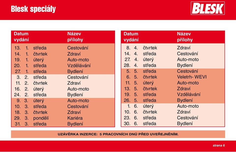 čtvrtek Zdraví 14. 4. středa Cestování 27. 4. úterý Auto-moto 28. 4. středa Bydlení 5. 5. středa Cestování 6. 5. čtvrtek Veletrh- WEVI 11. 5. úterý Auto-moto 13. 5. čtvrtek Zdraví 19. 5. středa Vzdělávání 26.