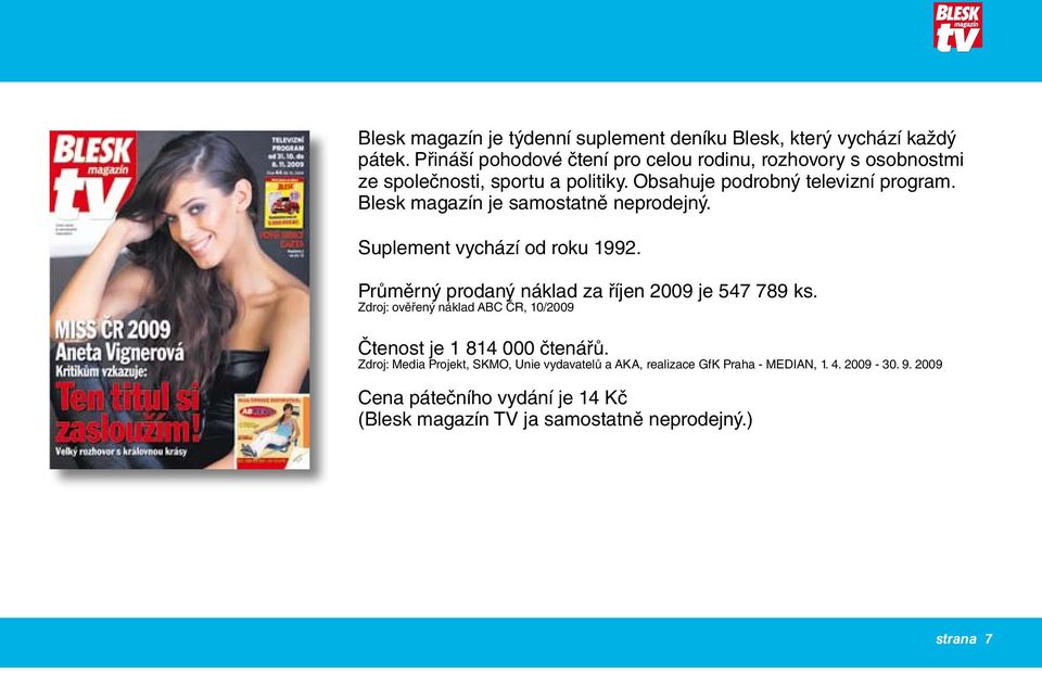 Blesk magazín je samostatně neprodejný. Suplement vychází od roku 1992. Průměrný prodaný náklad za říjen 2009 je 547 789 ks.