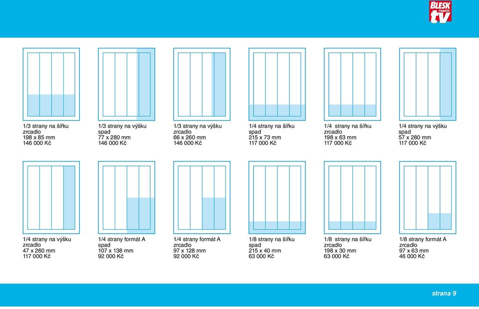 1/4 strany na výšku 47 x 260 mm 117 000 Kč 1/4 strany formát A 107 x 138 mm 92 000 Kč 1/4 strany formát A 97 x 128 mm 92 000 Kč