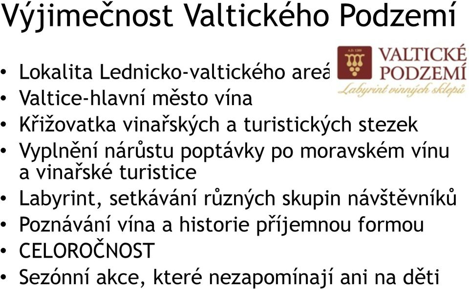 moravském vínu a vinařské turistice Labyrint, setkávání různých skupin návštěvníků