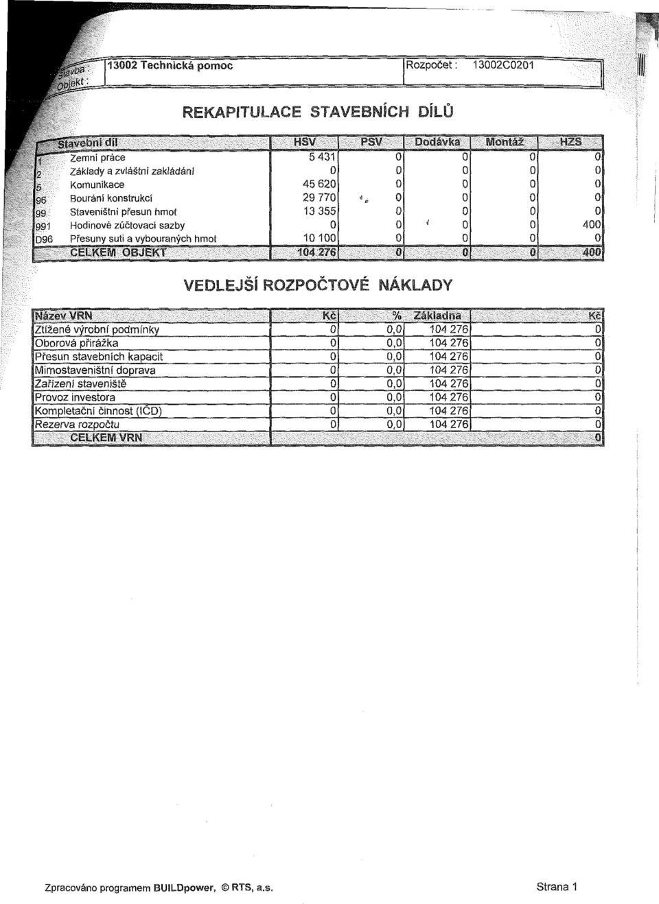 10 100 104 276 Dodávka ~ r WÍontíž HZS 400 VEDLEJŠÍ ROZPOČTOVÉ NÁKLADY KČ % Základna.