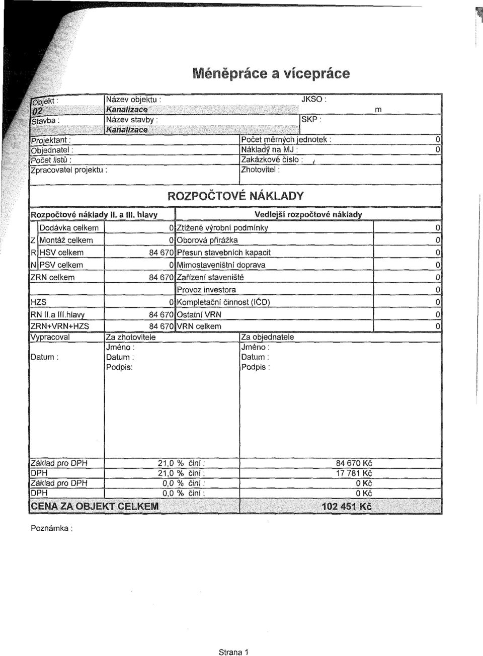 oj ZRN celkem 84 670 Zařízení staveniště o Provoz investora č HZS 0 Kompletační činnost (IČD) o RN II.a III.