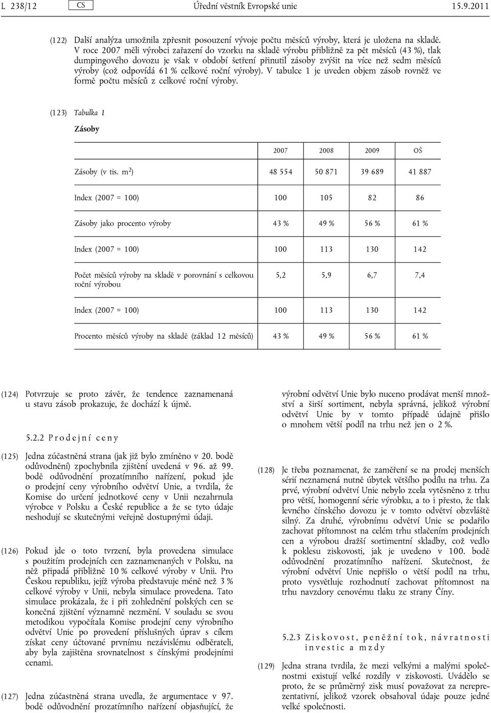 (což odpovídá 61 % celkové roční výroby). V tabulce 1 je uveden objem zásob rovněž ve formě počtu měsíců z celkové roční výroby. (123) Tabulka 1 Zásoby 2007 2008 2009 OŠ Zásoby (v tis.