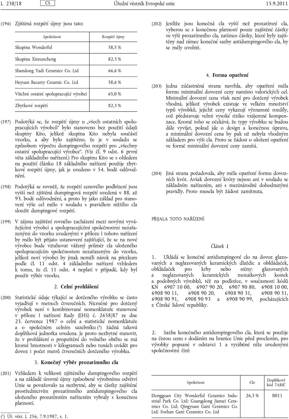 částky ve výši prozatímního cla, zatímco částky, které byly zajištěny nad rámec konečné sazby antidumpingového cla, by se měly uvolnit. Skupina Xinruncheng 82,3 % Shandong Yadi Ceramics Co.