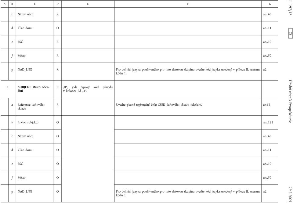 kolonce 9d 1. R Uveďte platné registrační číslo SEED daňového skladu odeslání. an13 b Jméno subjektu O an.